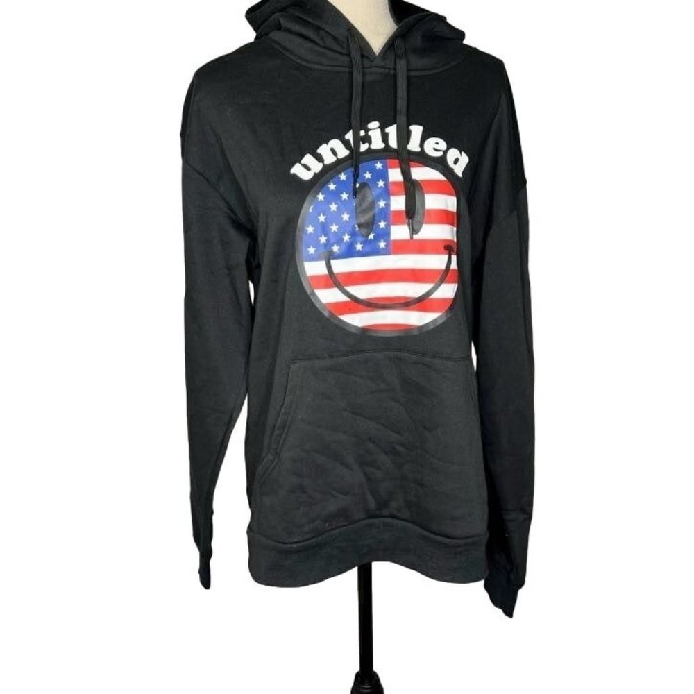 Designs Untitled Black Stars & Striped Smiley Hoodie Women's Size Medium M